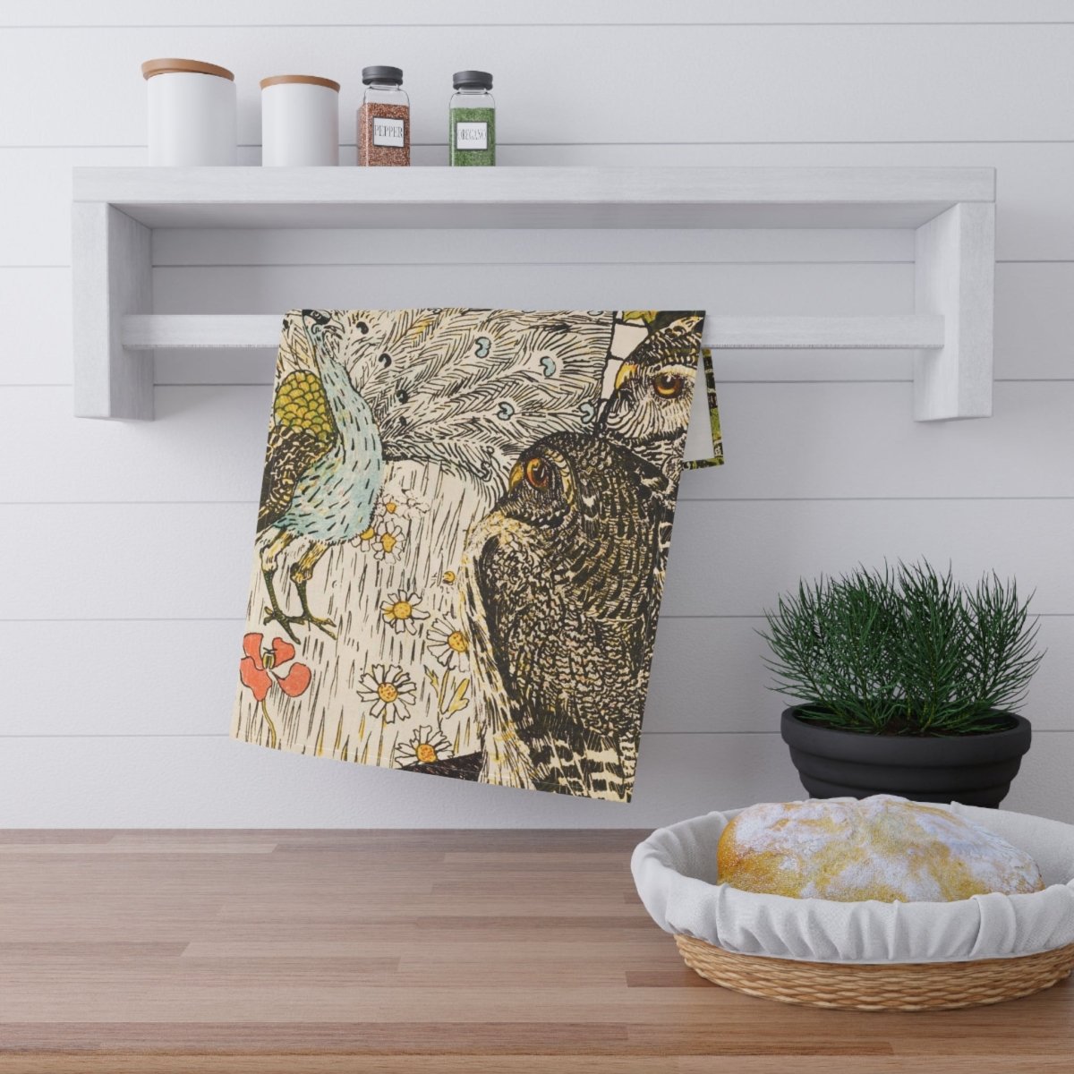 Peacock and Two Owls | Tea Towel - Tea Towel - Piccolo Fiore Prints