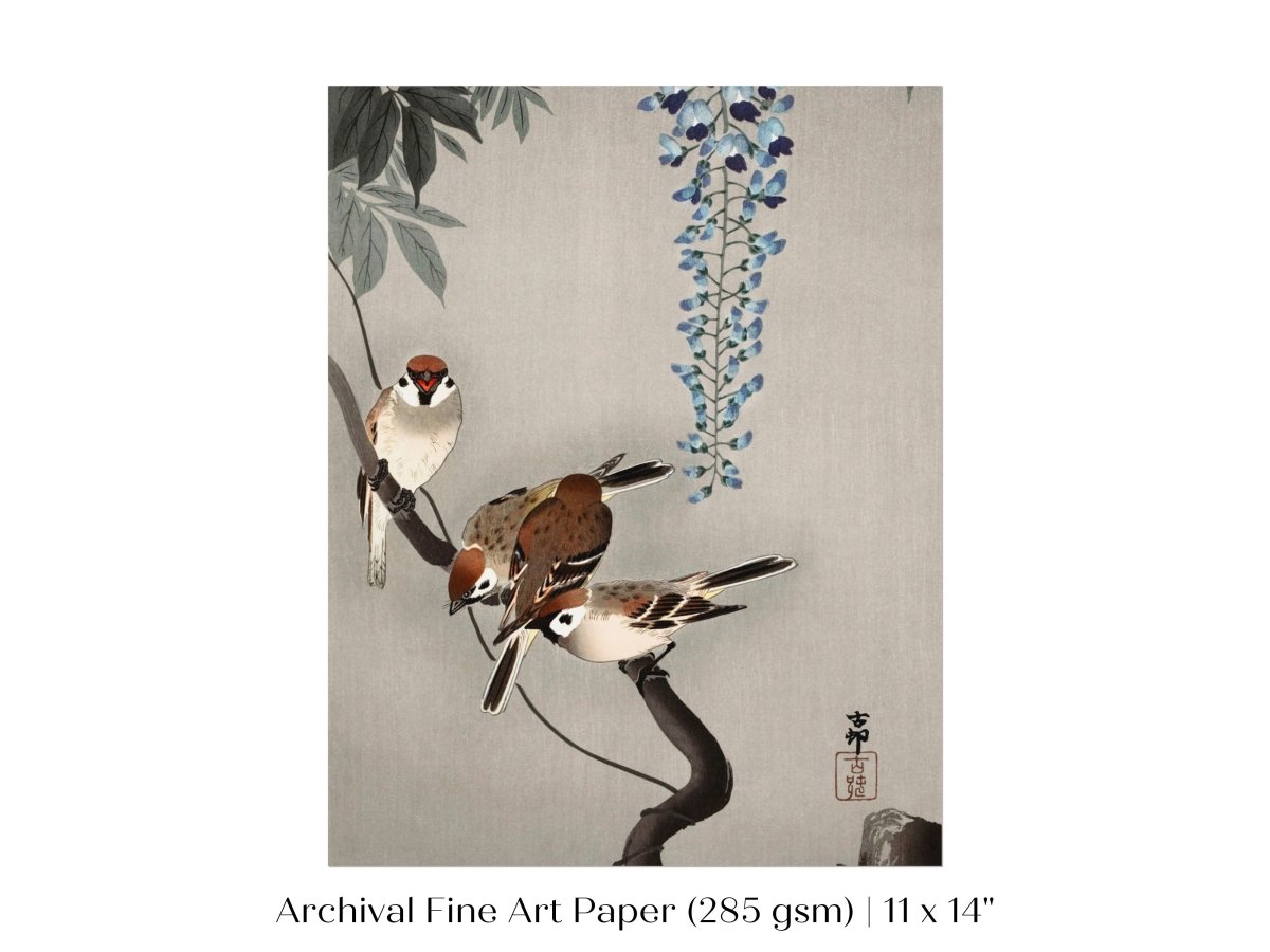 Sparrows and Wisteria | Vintage Japanese Art | P203 - Single Art Prints - Piccolo Fiore Prints