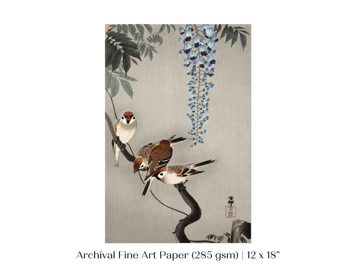 Sparrows and Wisteria | Vintage Japanese Art | P203 - Single Art Prints - Piccolo Fiore Prints