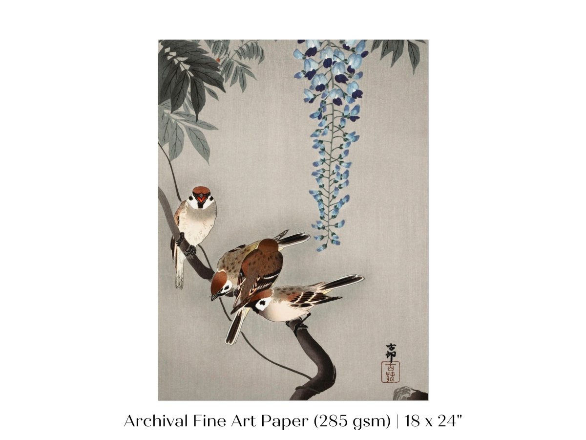 Sparrows and Wisteria | Vintage Japanese Art | P203 - Single Art Prints - Piccolo Fiore Prints