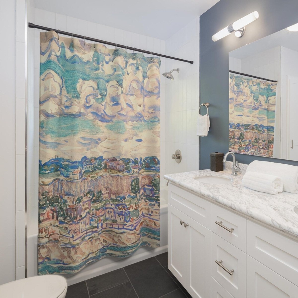 St Malo Coastal Watercolour Shower Curtain - Shower Curtain - Piccolo Fiore Prints