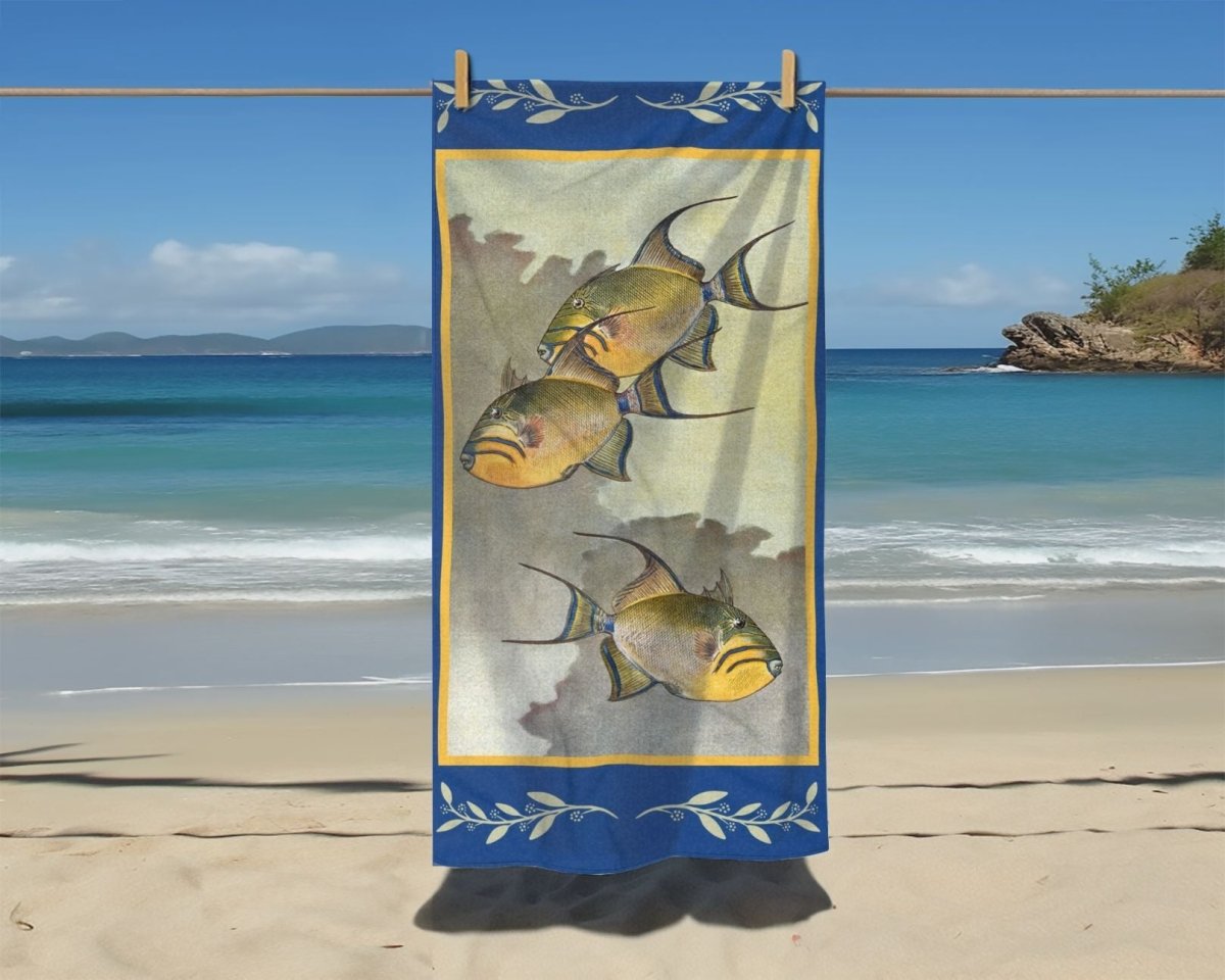 Three Fish in Blue and Yellow | Beach Towel - Beach Towel - Piccolo Fiore Prints