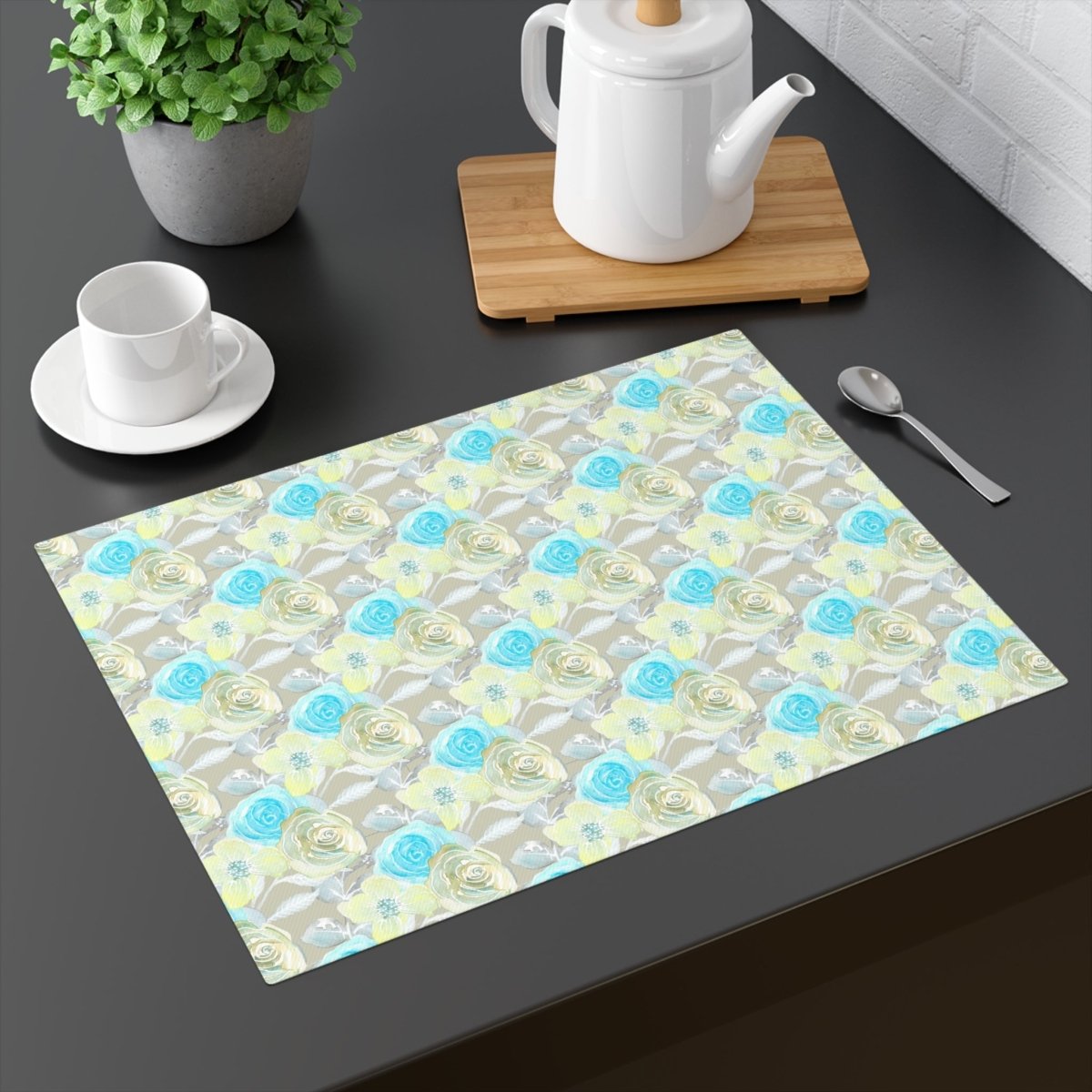Turquoise Rose Stripe in Beige | Placemat - Cotton Twill Placemat - Piccolo Fiore Prints
