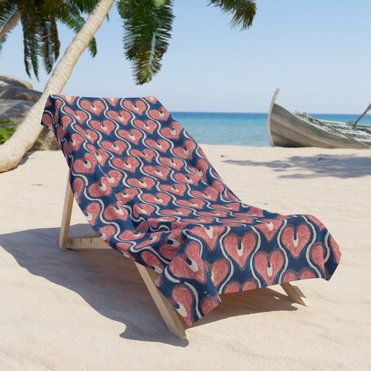 Vintage Painted Hearts in Navy Blue and Pink | Beach Towel - Beach Towel - Piccolo Fiore Prints