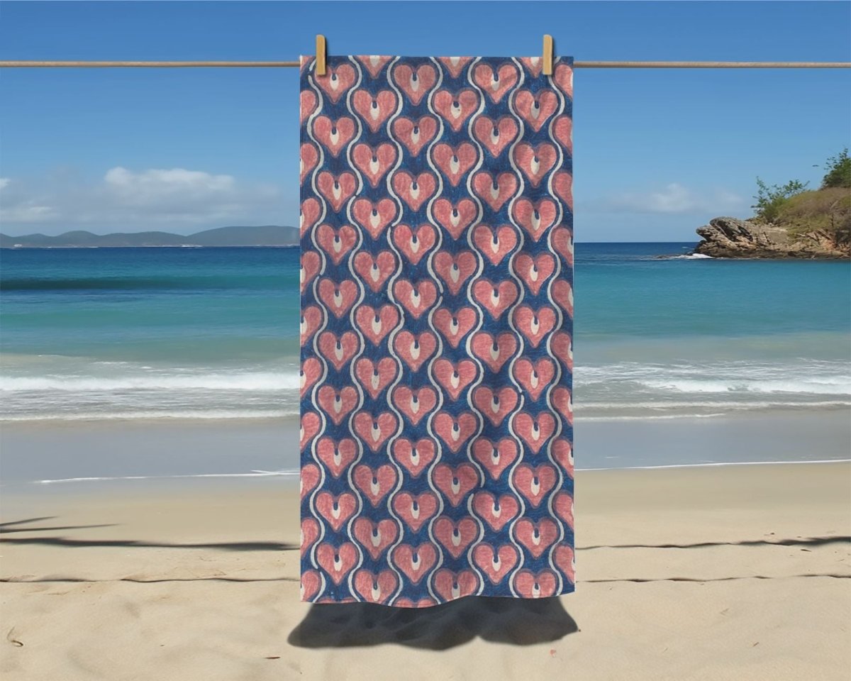 Vintage Painted Hearts in Navy Blue and Pink | Beach Towel - Beach Towel - Piccolo Fiore Prints