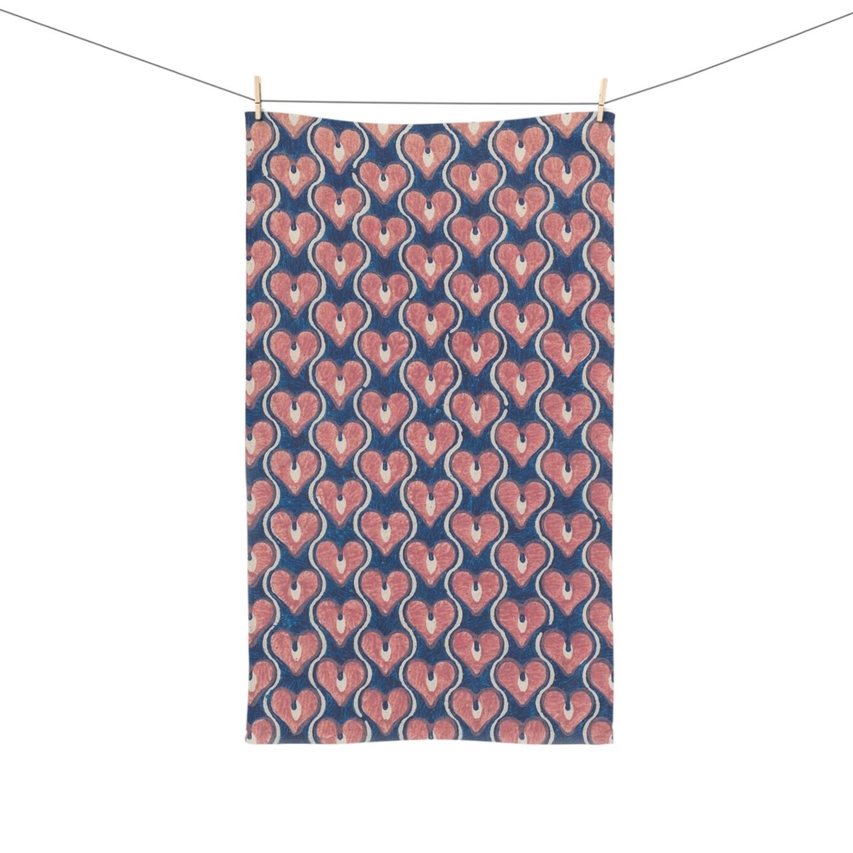 Vintage Painted Hearts in Navy Blue and Pink | Hand Towel - Hand Towel - Piccolo Fiore Prints