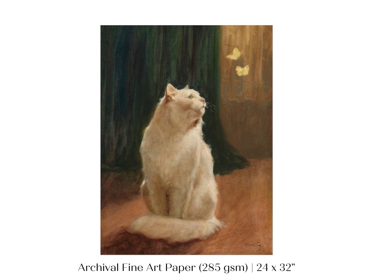 White Cat and Butterflies | P451 - Single Art Prints - Piccolo Fiore Prints