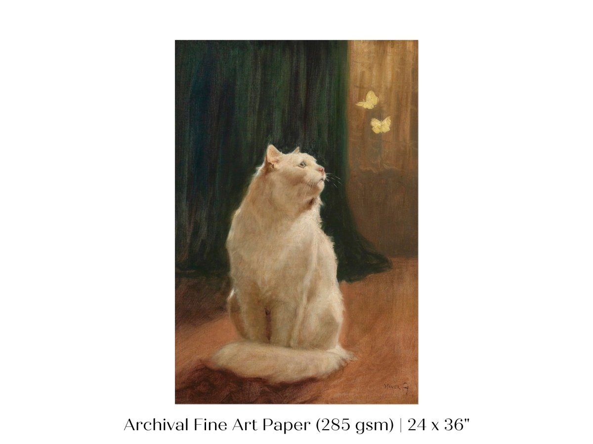 White Cat and Butterflies | P451 - Single Art Prints - Piccolo Fiore Prints