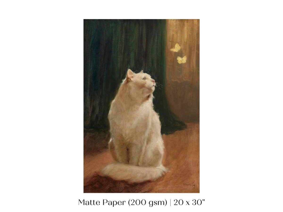 White Cat and Butterflies | P451 - Single Art Prints - Piccolo Fiore Prints