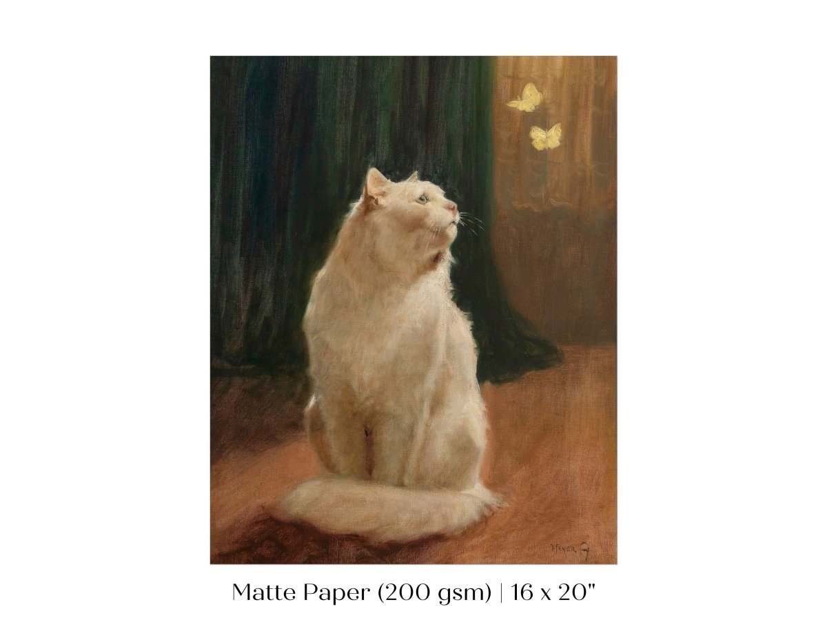 White Cat and Butterflies | P451 - Single Art Prints - Piccolo Fiore Prints