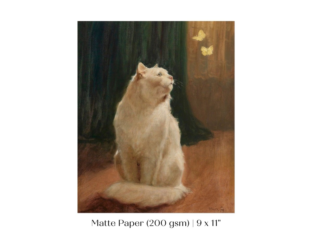 White Cat and Butterflies | P451 - Single Art Prints - Piccolo Fiore Prints