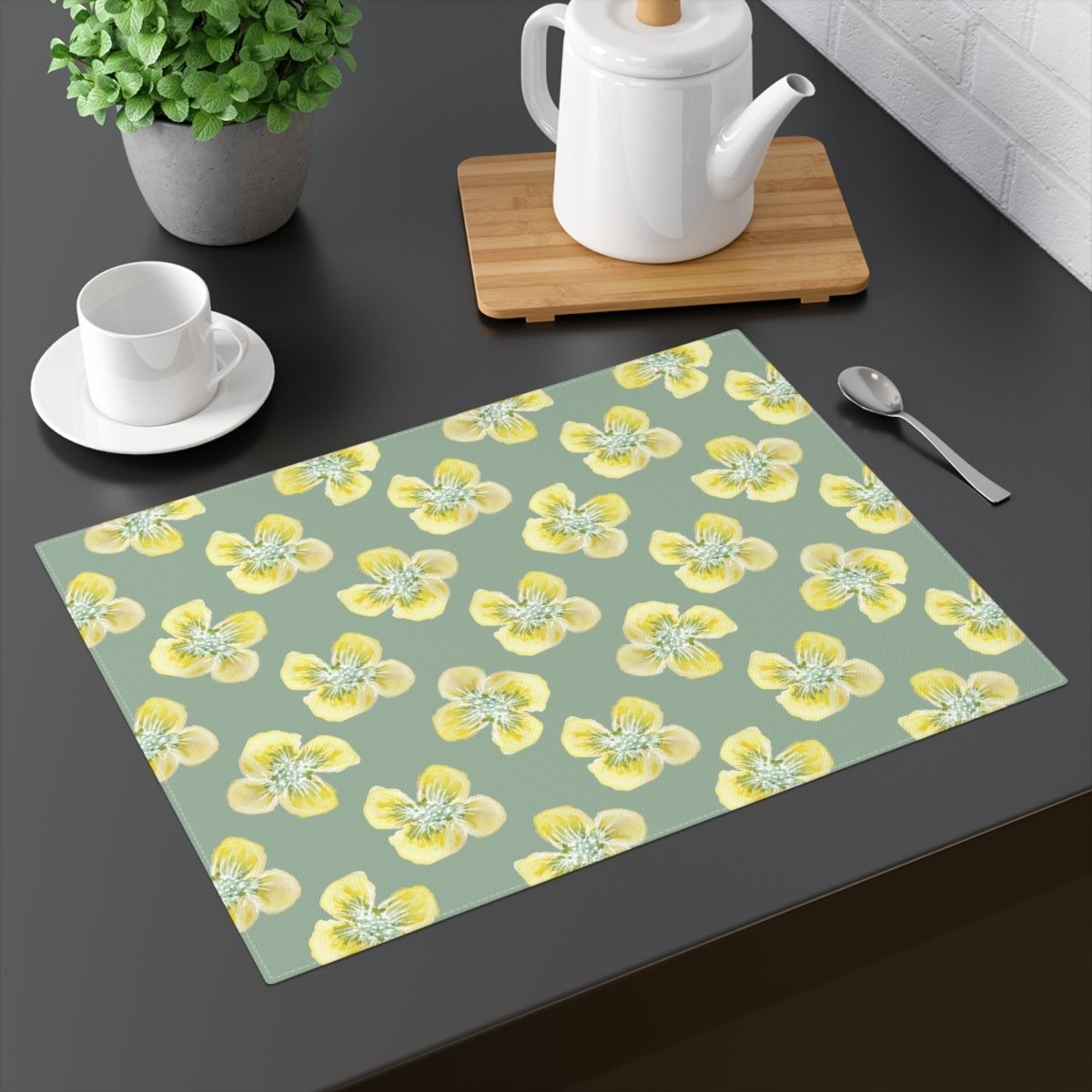 Yellow Watercolour Flowers in Khaki | Placemat - Cotton Twill Placemat - Piccolo Fiore Prints
