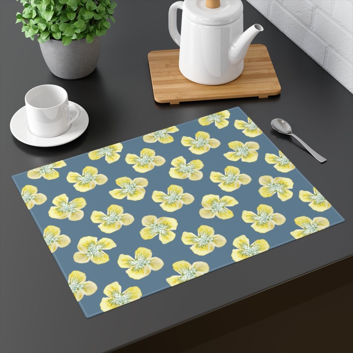Yellow Watercolour Flowers in Teal | Placemat - Cotton Twill Placemat - Piccolo Fiore Prints