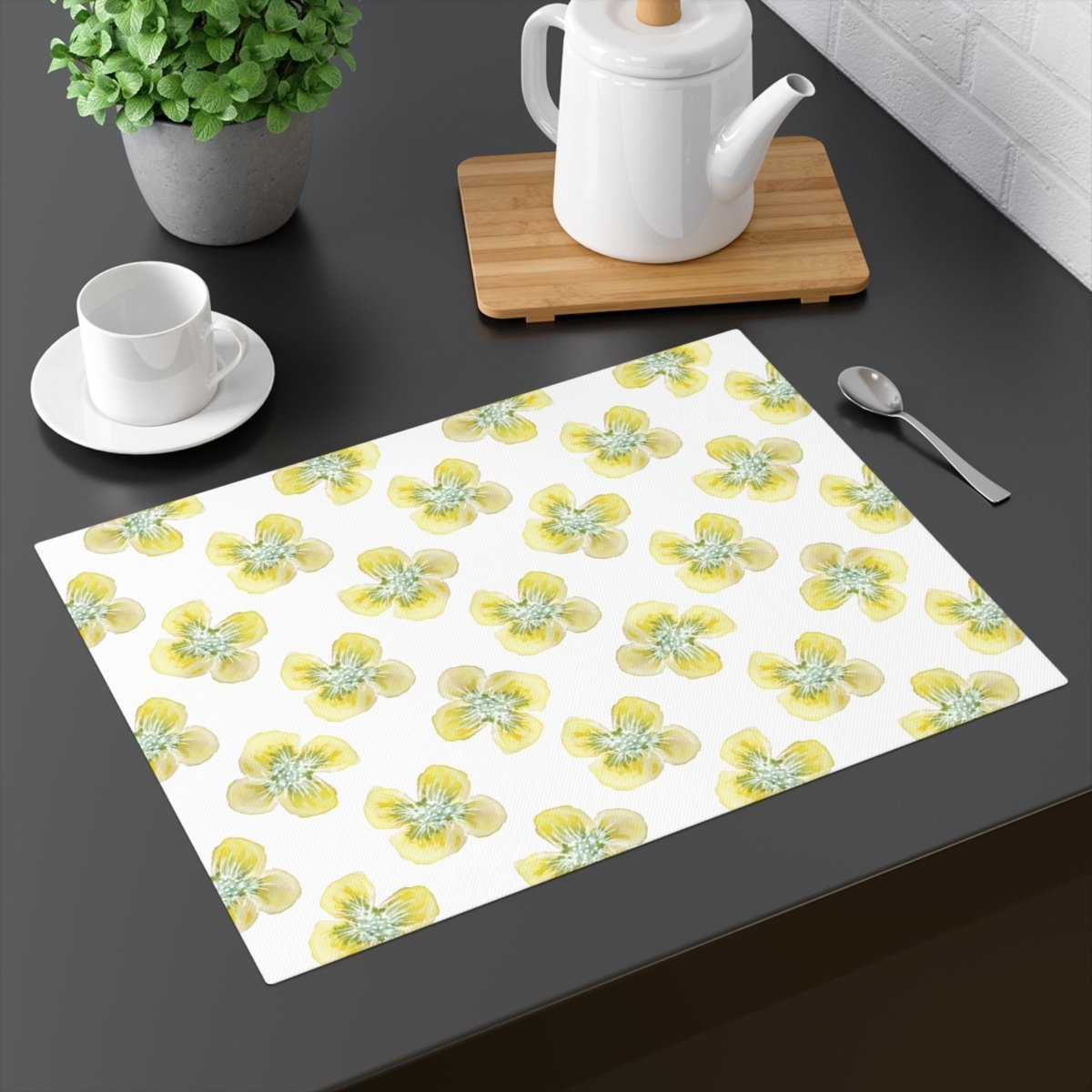 Yellow Watercolour Flowers in White | Placemat - Cotton Twill Placemat - Piccolo Fiore Prints