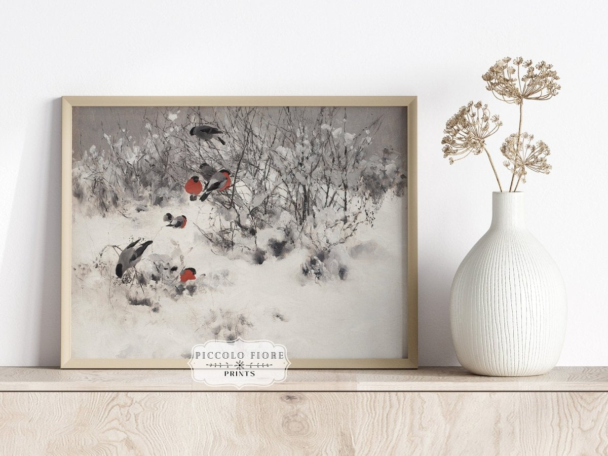 Bullfinches in the Snow | P443 - Single Art Prints - Piccolo Fiore Prints