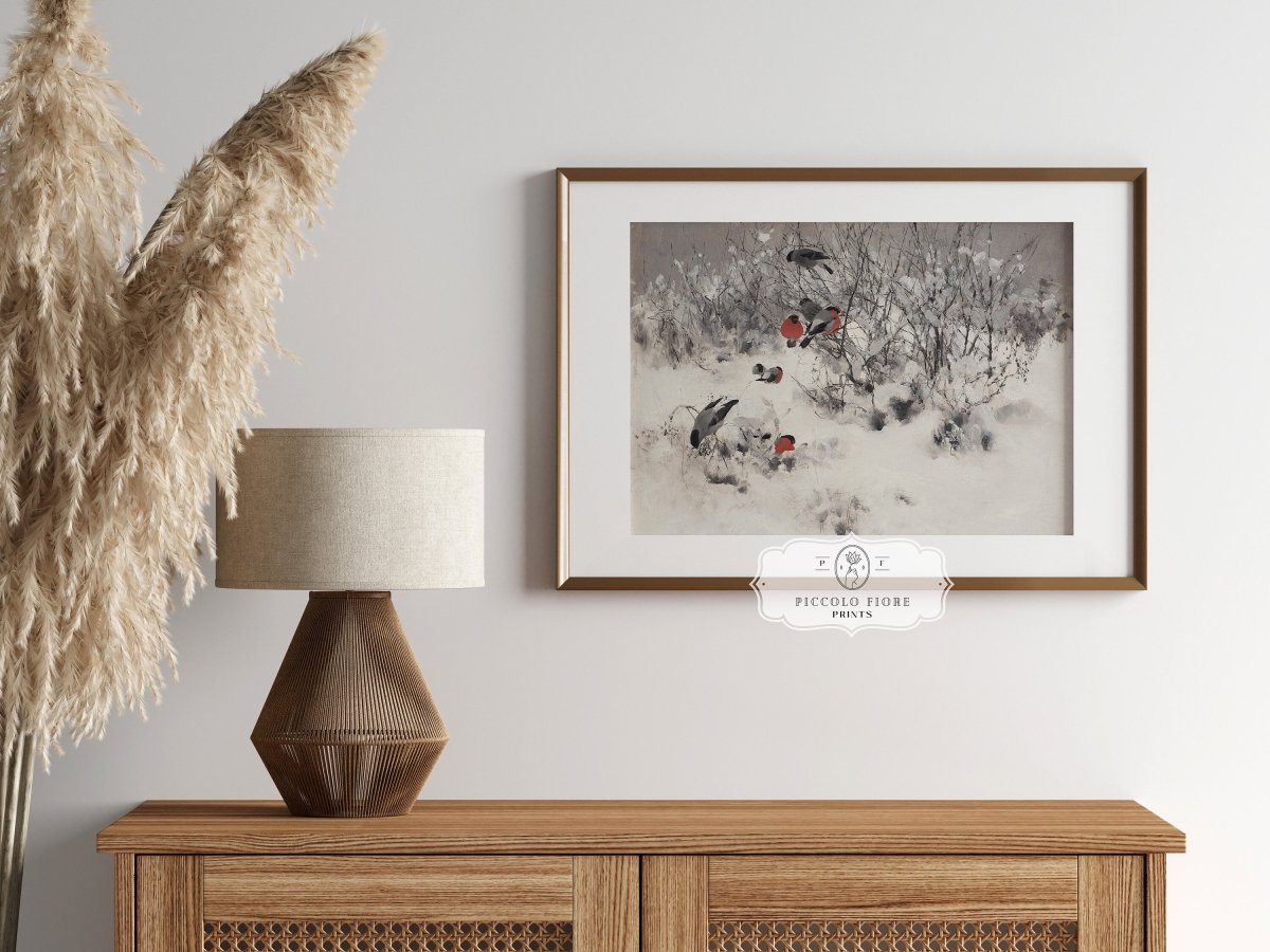 Bullfinches in the Snow | P443 - Single Art Prints - Piccolo Fiore Prints
