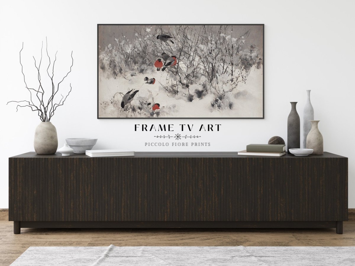 Samsung Frame TV Art | Bullfinches in the Snow | TV13 - Frame TV Art - Piccolo Fiore Prints