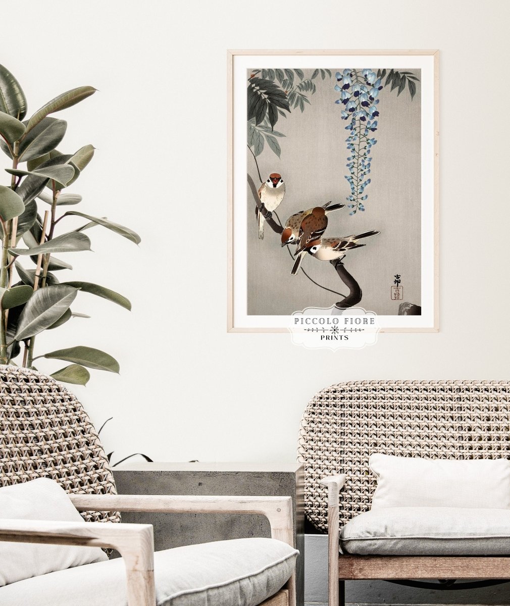 Sparrows and Wisteria | Vintage Japanese Art | P203 - Single Art Prints - Piccolo Fiore Prints