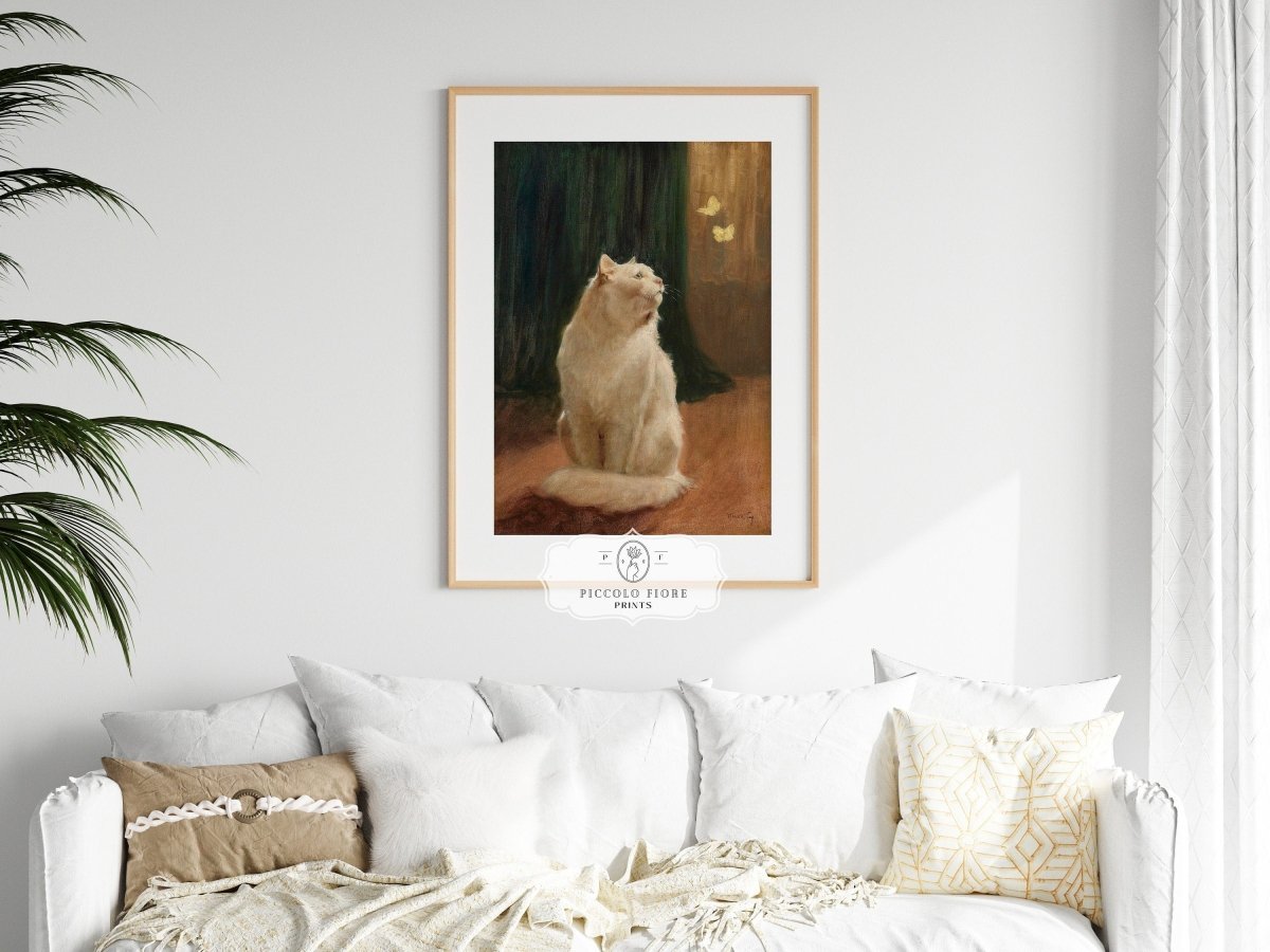 White Cat and Butterflies | P451 - Single Art Prints - Piccolo Fiore Prints