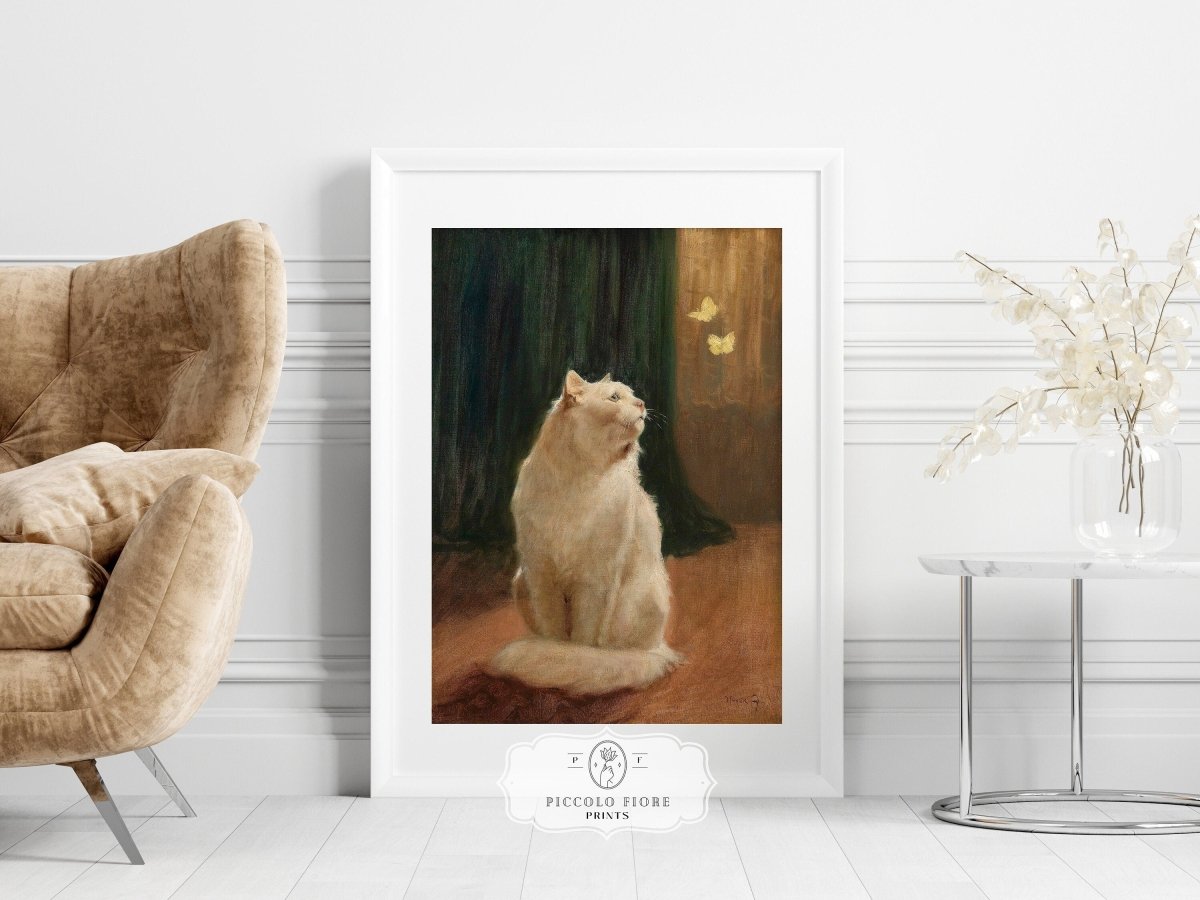 White Cat and Butterflies | P451 - Single Art Prints - Piccolo Fiore Prints