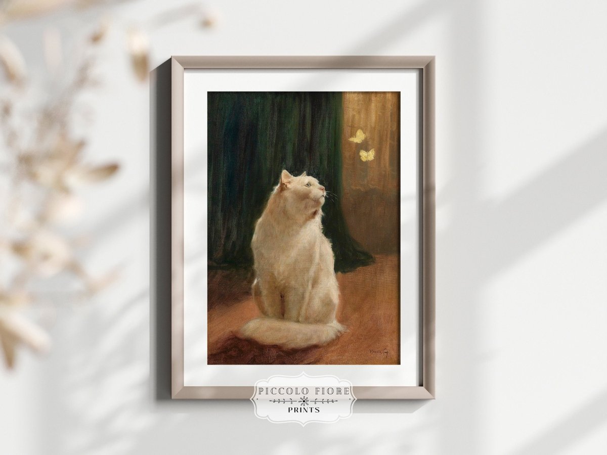 White Cat and Butterflies | P451 - Single Art Prints - Piccolo Fiore Prints