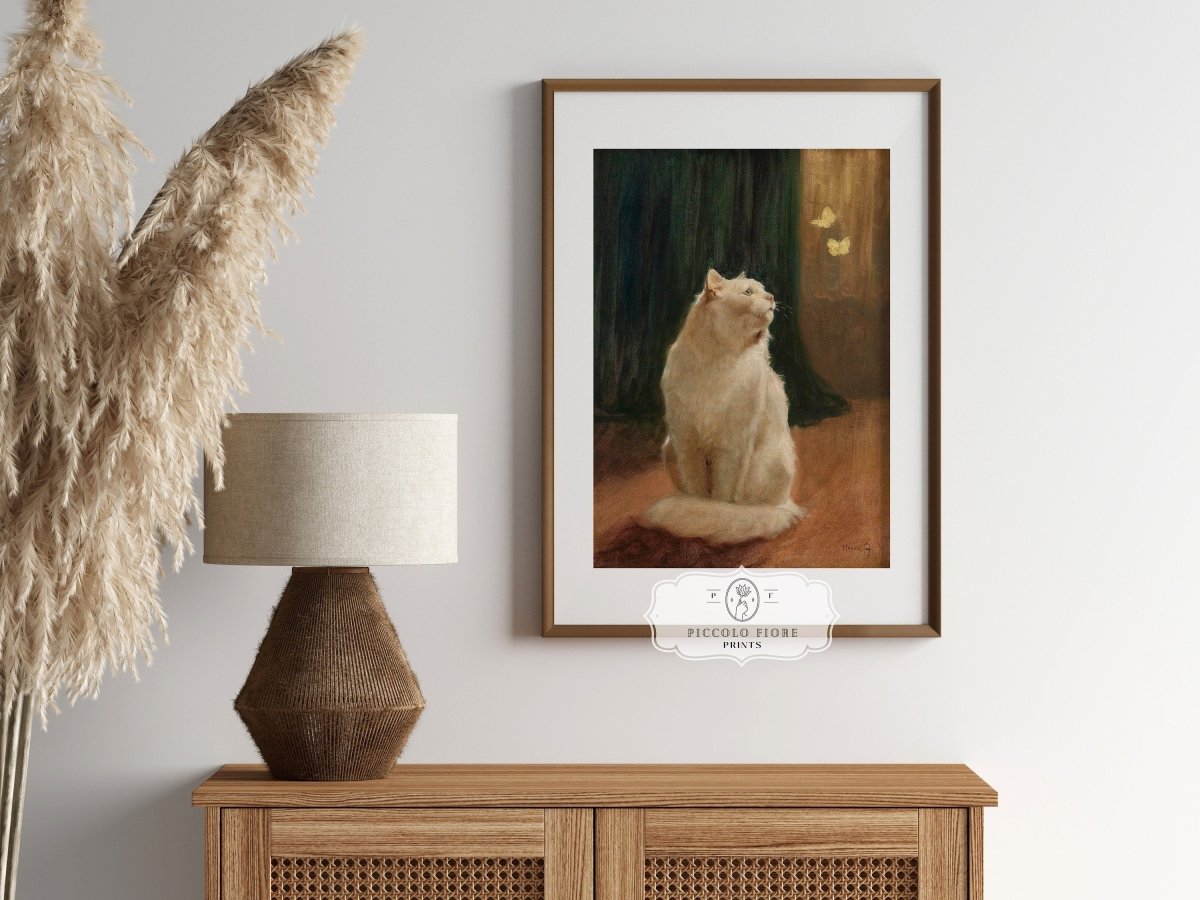 White Cat and Butterflies | P451 - Single Art Prints - Piccolo Fiore Prints
