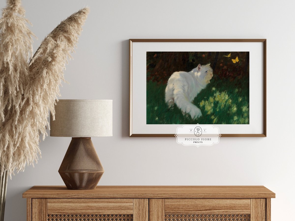 White Cat and Yellow Butterflies | P450 - Single Art Prints - Piccolo Fiore Prints
