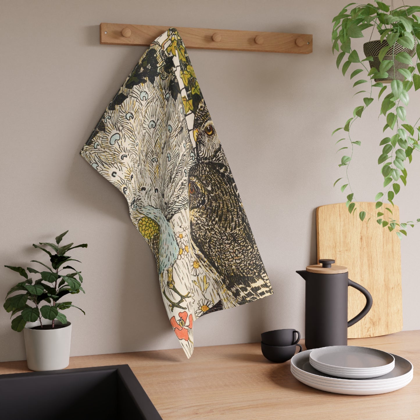 Peacock and Two Owls | Tea Towel