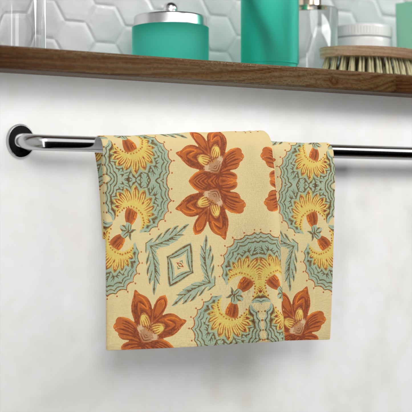 Bella Bouquet Floral Damask in Country Cream and Blue | Face Towel