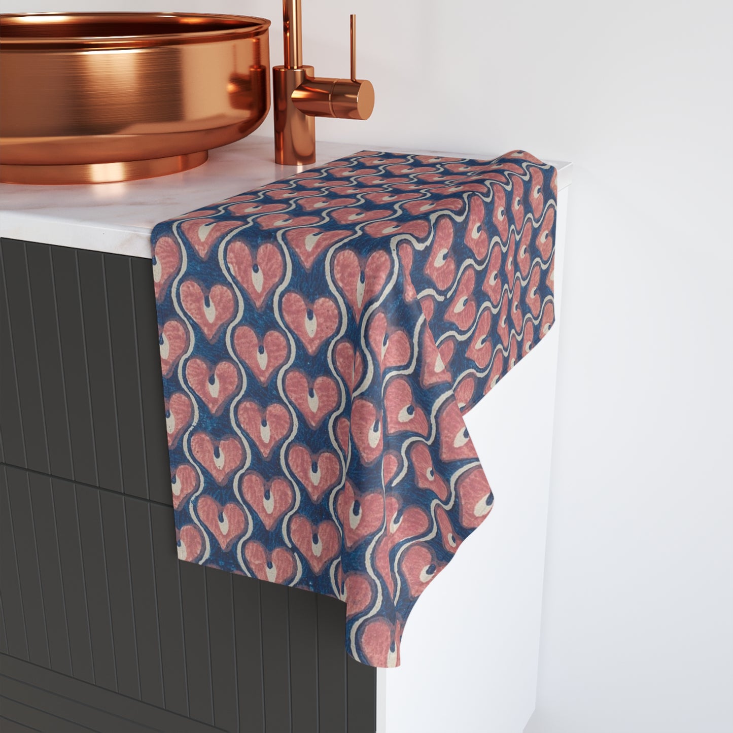 Vintage Painted Hearts in Navy Blue and Pink | Hand Towel