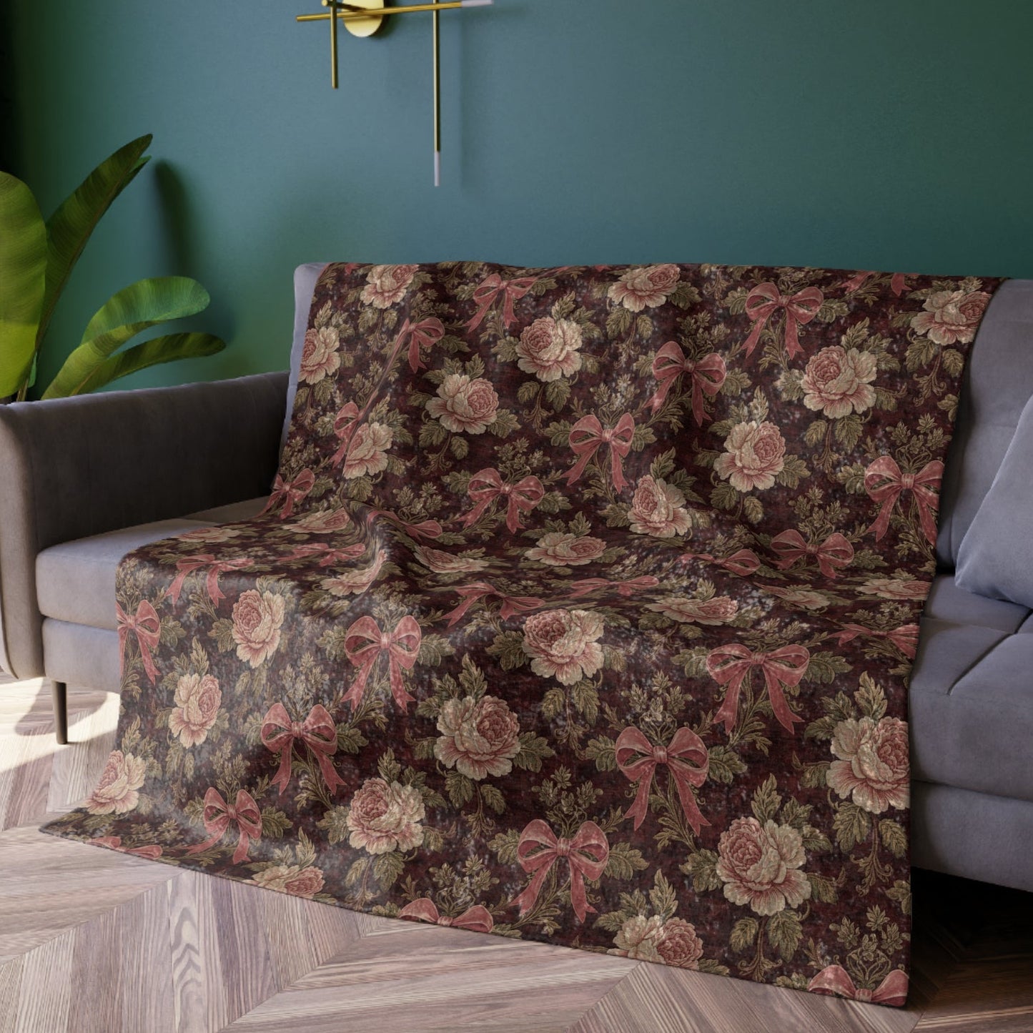 Burgundy Roses and Bows Tapestry | Crushed Velvet Blanket