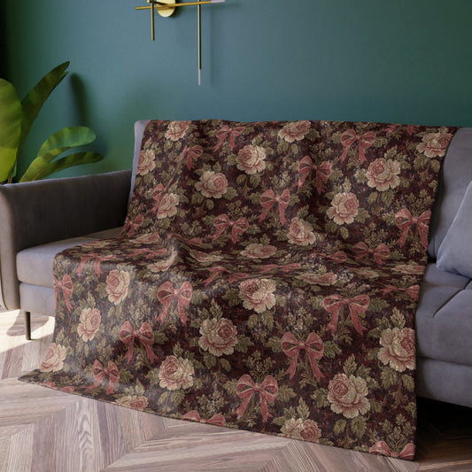 Burgundy Roses and Bows Tapestry | Crushed Velvet Blanket