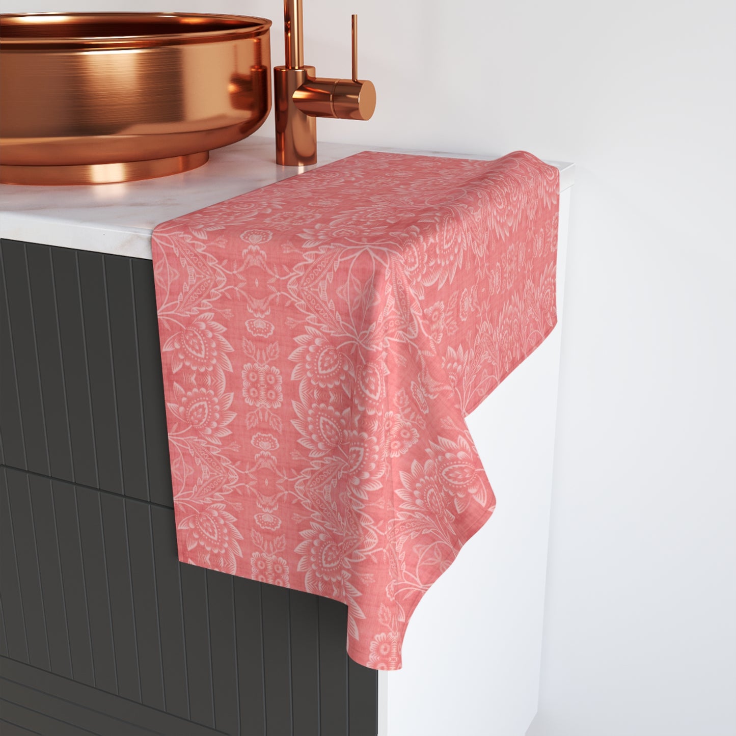Paloma Floral Damask Stripe in Coral Red | Hand Towel