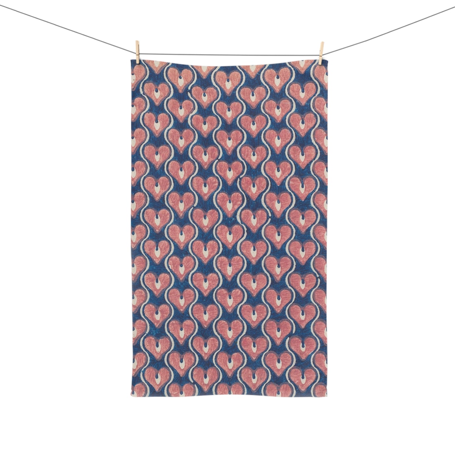 Vintage Painted Hearts in Navy Blue and Pink | Hand Towel
