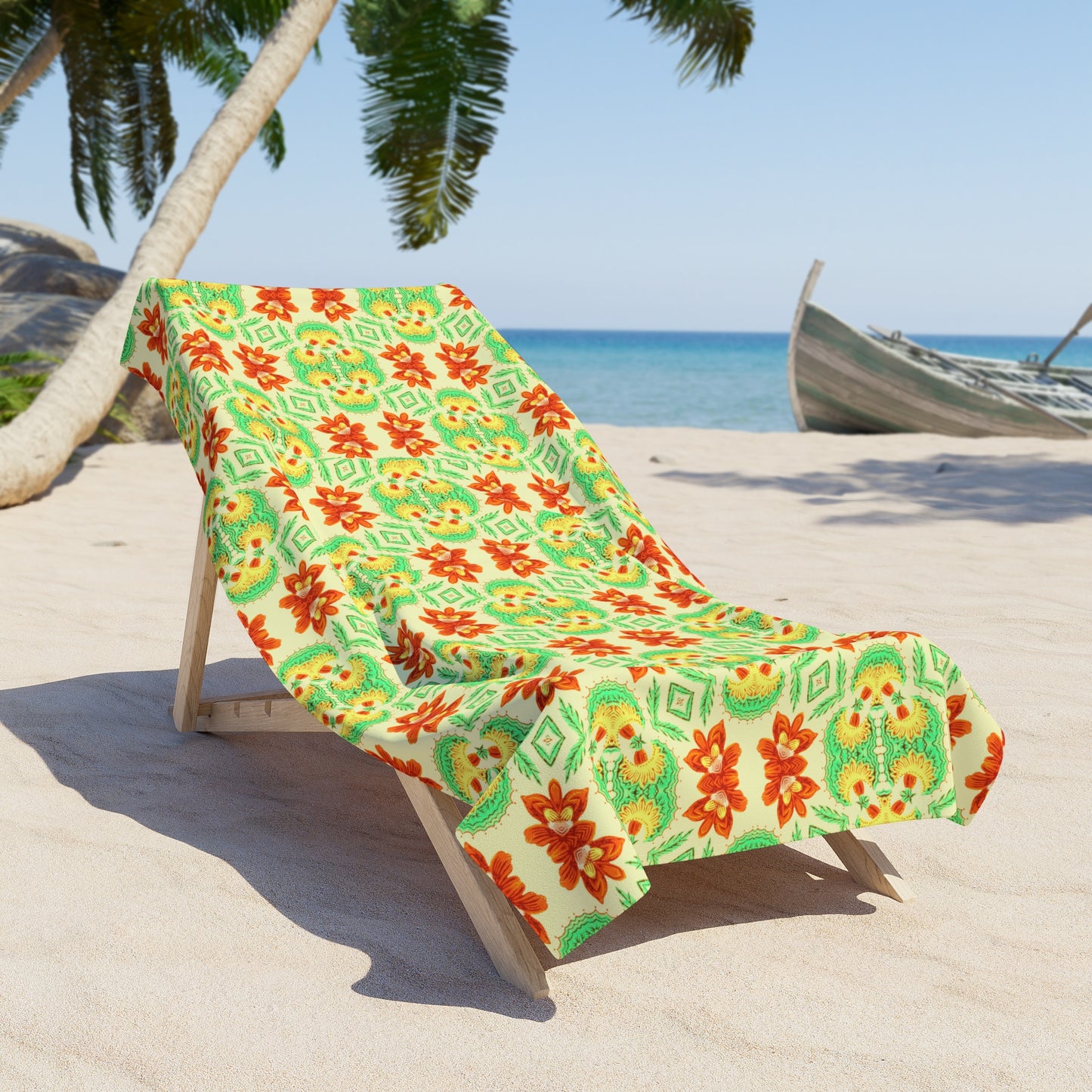 Bella Bouquet Floral Damask in Brightest Cream and Green | Beach Towel