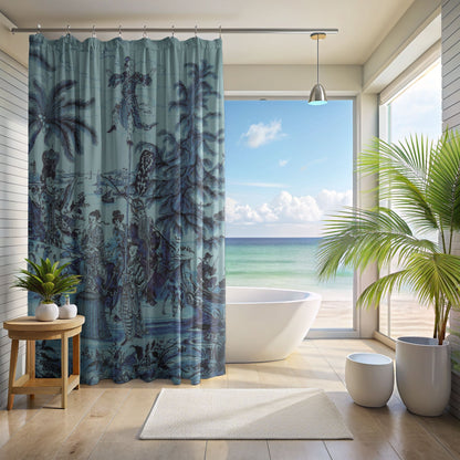Vintage Chinoiserie Palm Tree Shower Curtain in Turquoise