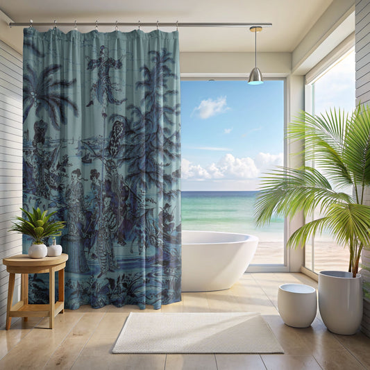 Vintage Chinoiserie Palm Tree Shower Curtain in Turquoise
