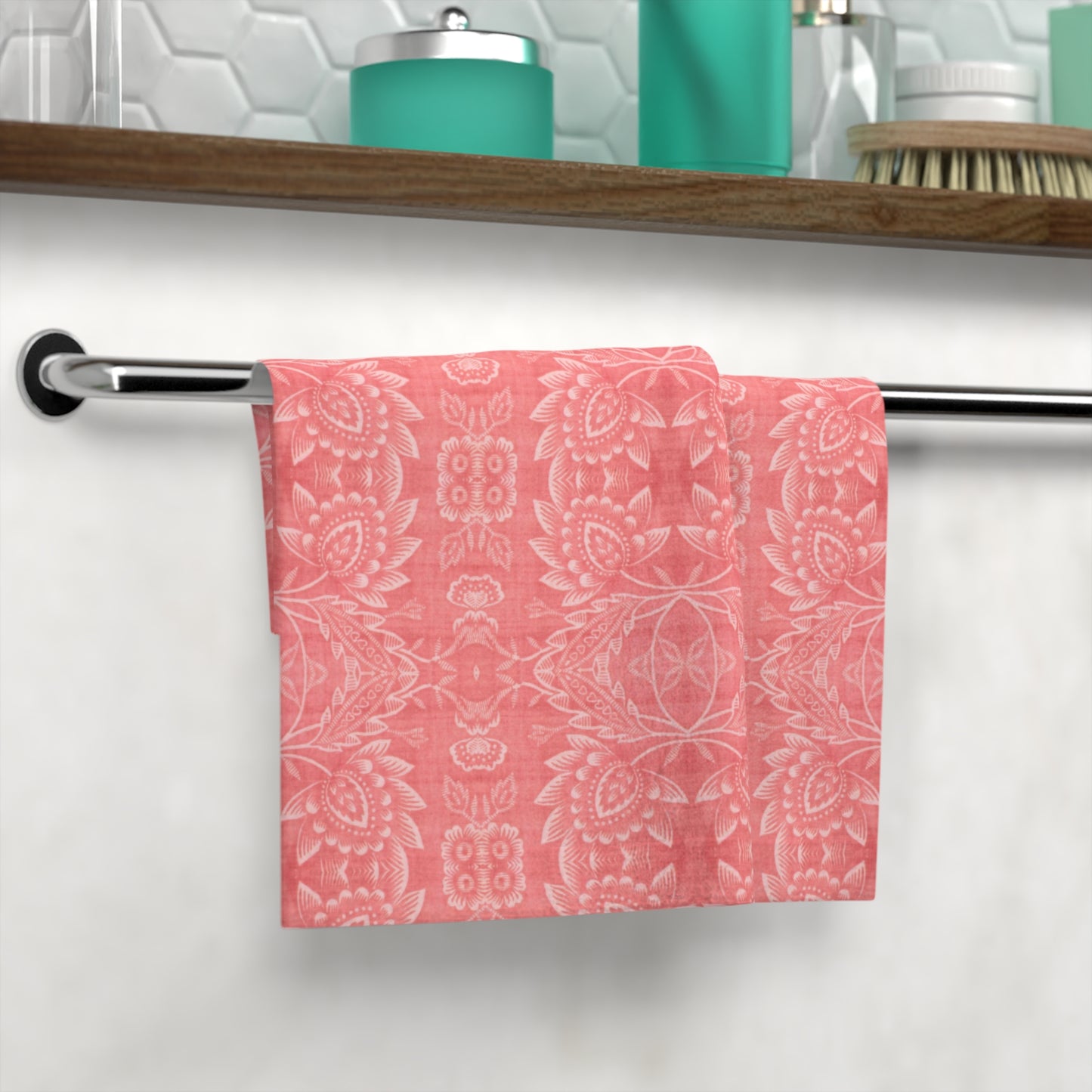 Paloma Floral Damask Stripe in Coral Red | Face Towel