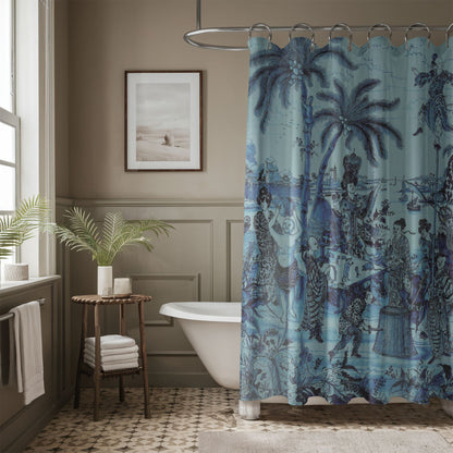 Vintage Chinoiserie Palm Tree Shower Curtain in Turquoise
