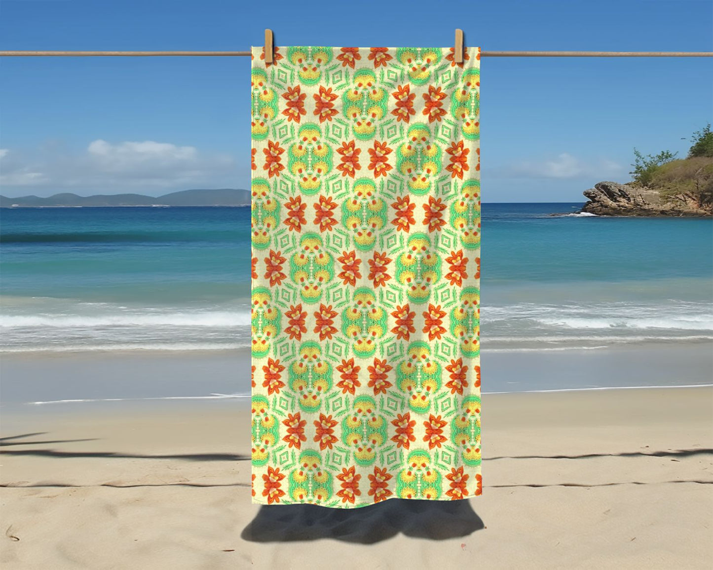 Bella Bouquet Floral Damask in Brightest Cream and Green | Beach Towel