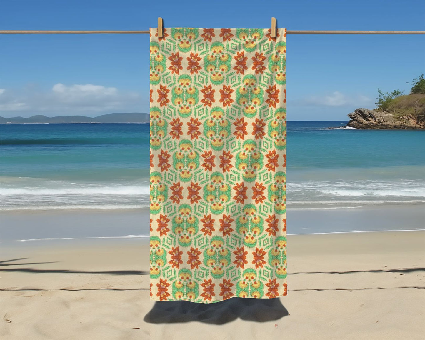 Bella Bouquet Floral Damask in Classic Cream and Green | Beach Towel