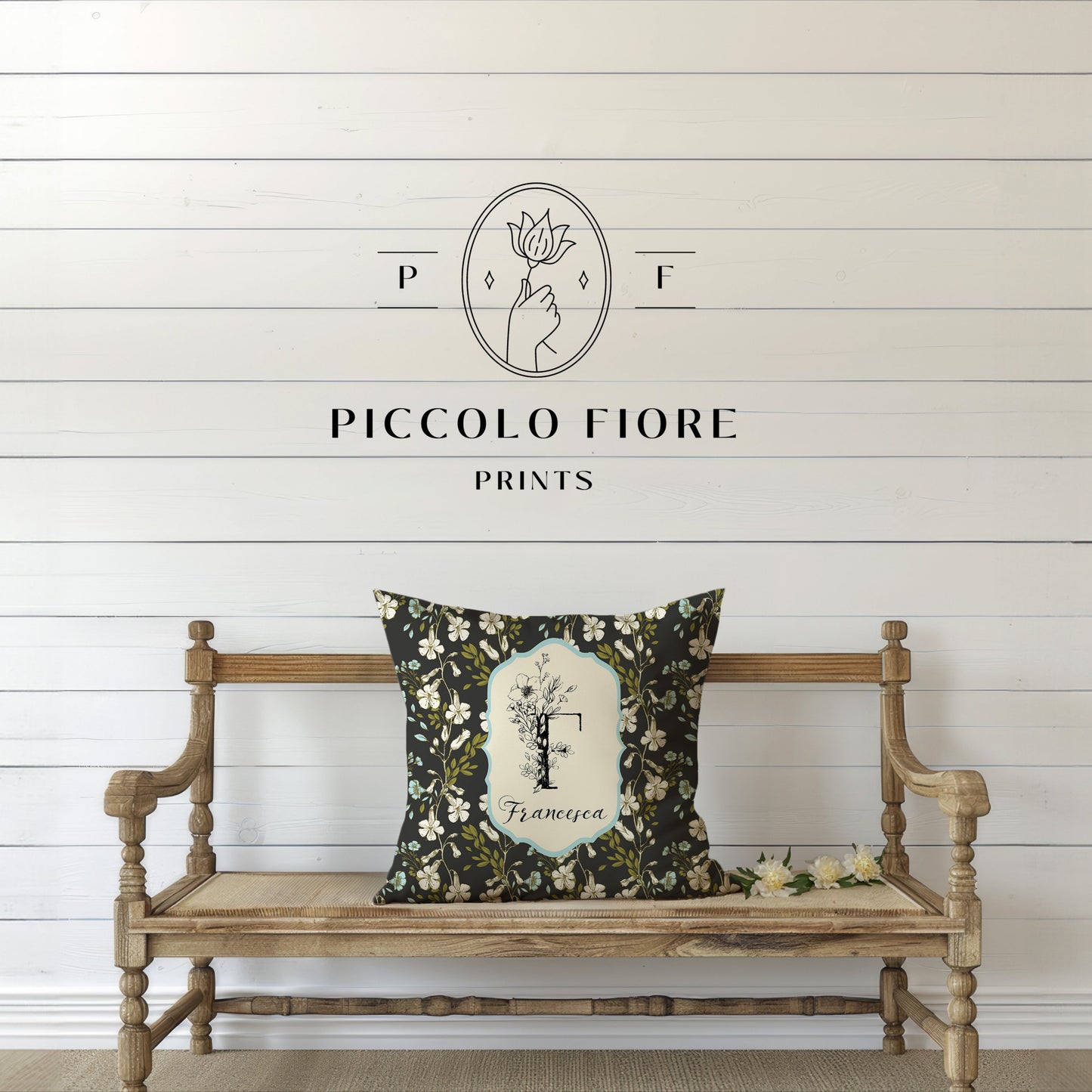 Botanical Monogram in Black and Cream | Throw Pillow
