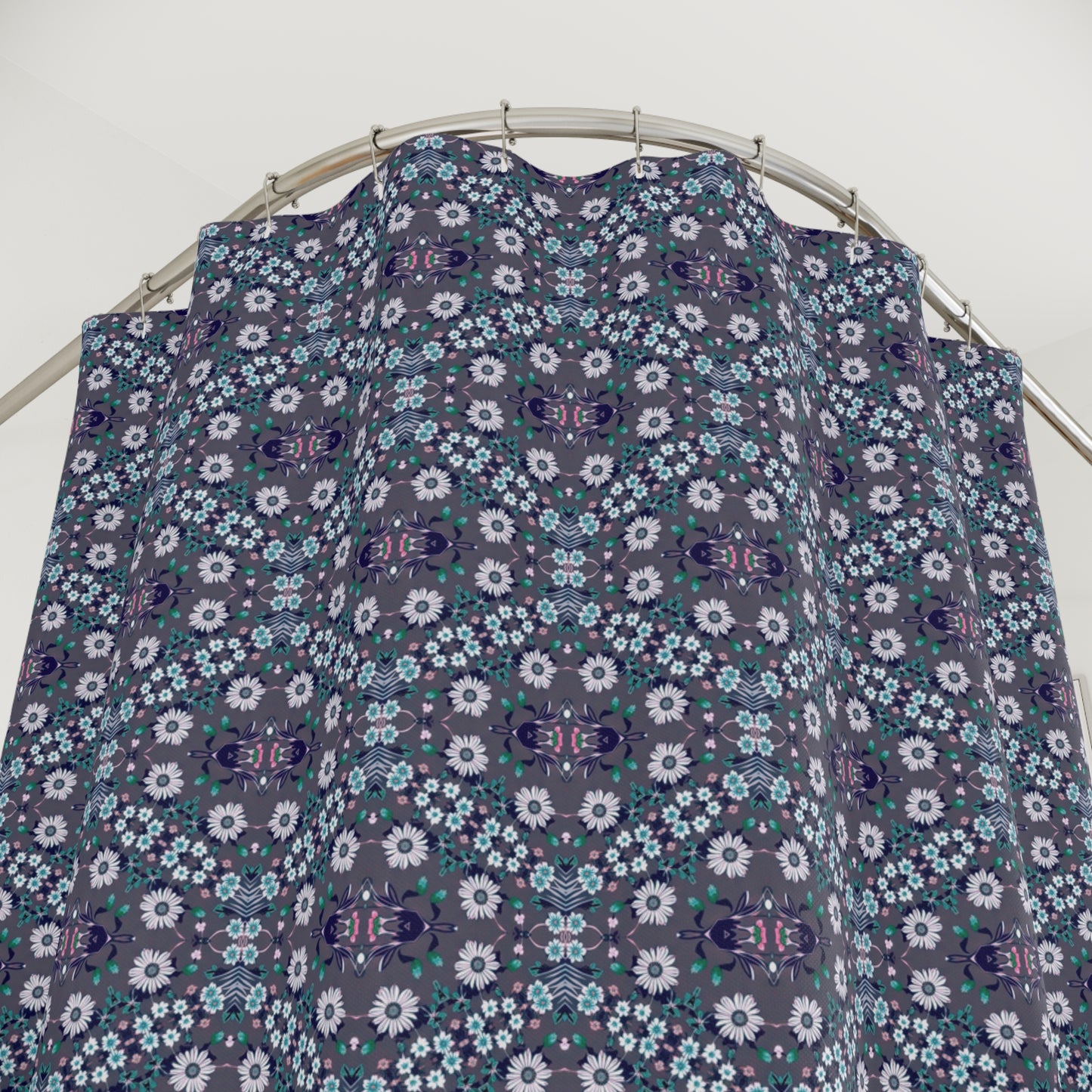 Dark Grey Retro Folk Floral Damask Shower Curtain | White, Teal and Purple Flowers