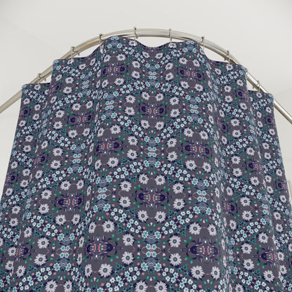 Dark Grey Retro Folk Floral Damask Shower Curtain | White, Teal and Purple Flowers