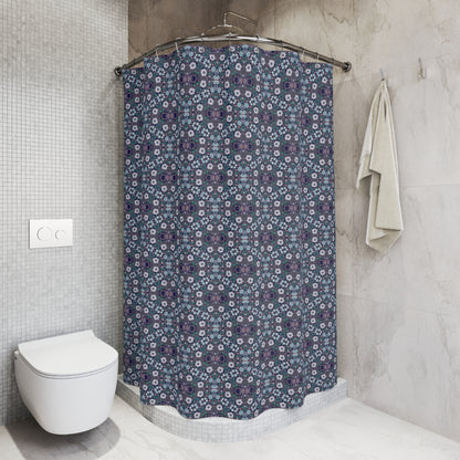 Dark Grey Retro Folk Floral Damask Shower Curtain | White, Teal and Purple Flowers