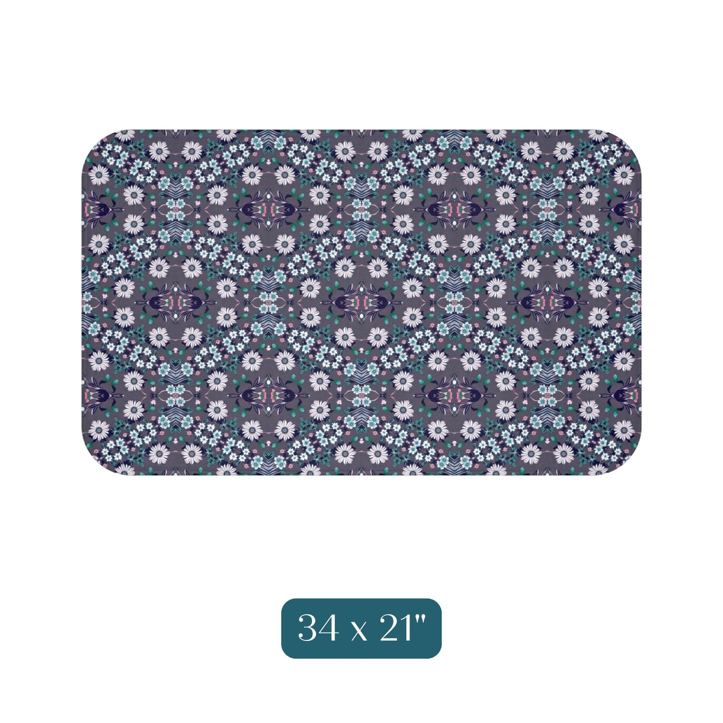 Dark Grey Retro Folk Floral Damask | Bath Mat