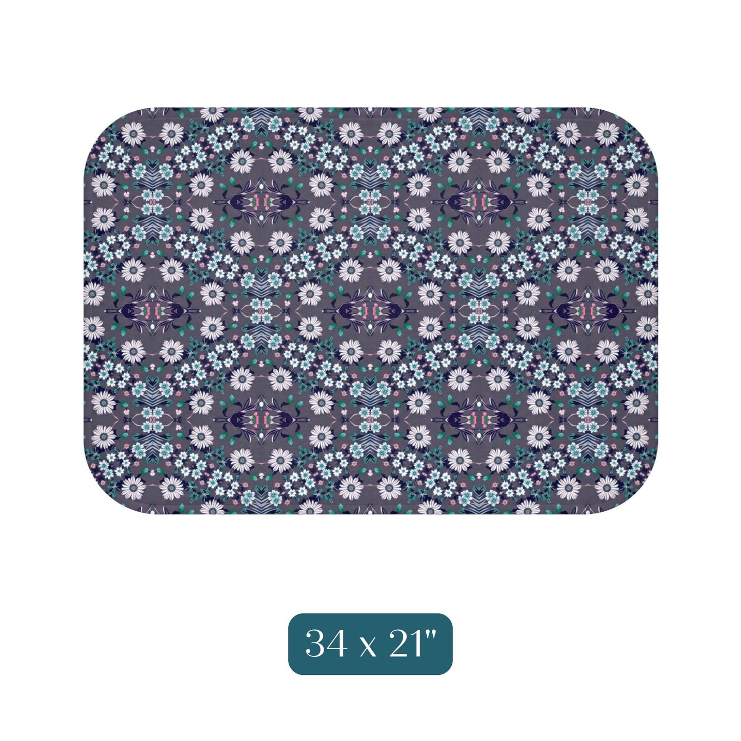 Dark Grey Retro Folk Floral Damask | Bath Mat