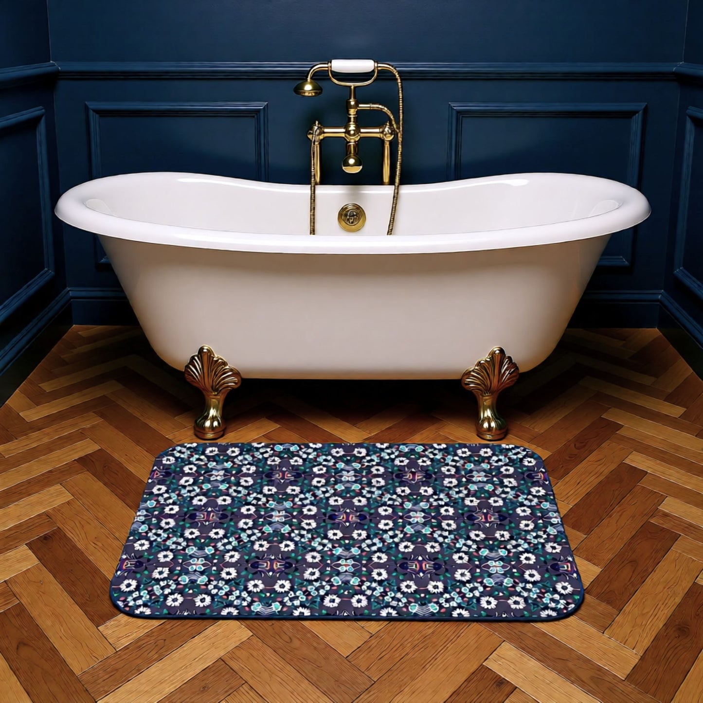 Dark Grey Retro Folk Floral Damask | Bath Mat