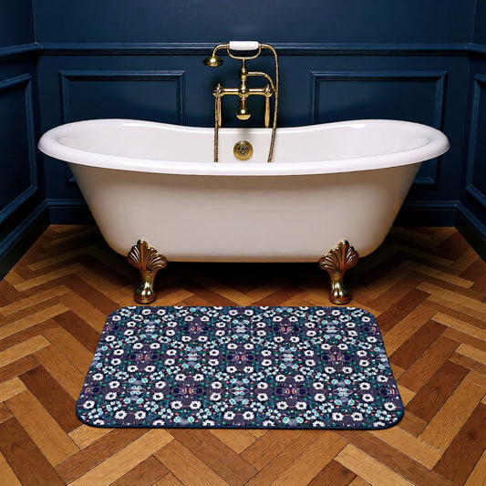 Dark Grey Retro Folk Floral Damask | Bath Mat