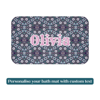 Dark Grey Retro Folk Floral Damask | Bath Mat